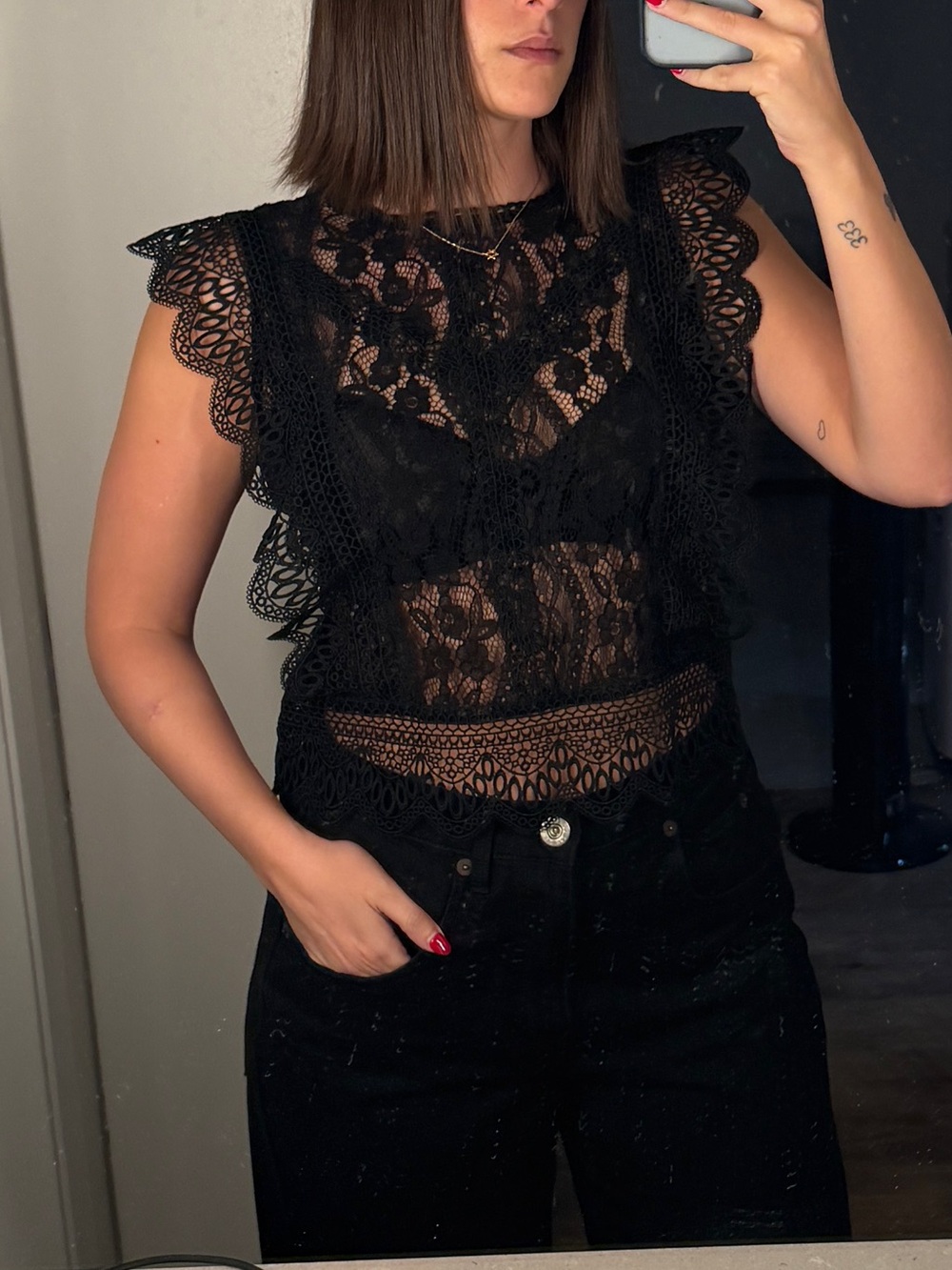 Zara Black Lace Ruffle Top – M